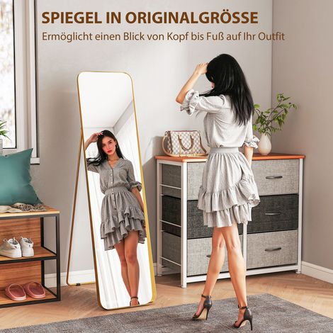 Miroir sur pied inclinable, cadre métallique et MDF, dimensions 160 x 40 cm, teinte or (1/4)