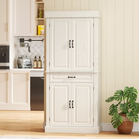 Buffet de cuisine de style colonial avec 2 placards et un tiroir, 80 x 35 x 180 cm, blanc (1/5)