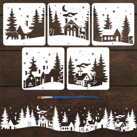 5 Styles Pochoirs Maison Forêt D'Hiver Avec Un Pinceau 30x30cm Pochoirs Peinture Village Hivers Pochoir Noël pour Vitre Thèmes D'Hiver Modèle pour Décoration Murale (1/5)