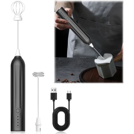 Mousseur à lait électrique portable 2 têtes, 3 vitesses, rechargeable USB, pour latte, cappuccino, café crema. (1/5)
