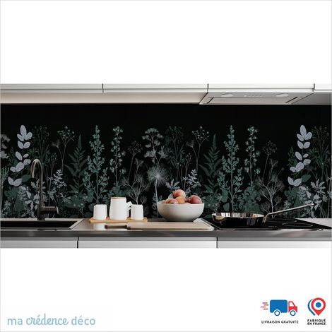 Crédence : Dessin et fleurs sauvages noires 2 - Couleur Vert émeraude - Alu composite - 60 - 120 (1/3)