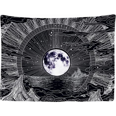 Tapisserie Murale Chambre Lune Etoiles Nature Nuages Bohème Psychédélique Montagnes Décoration Panoramique 200 x 150 cm (1/5)