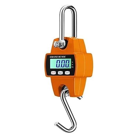 Balanza digital tipo grúa, carcasa de aluminio fundido a presión, minibalanza portátil de 300 kg con gancho, ideal para actividades al aire libre como agricultura, caza y pesca (300 kg naranja). Pilas (1/5)
