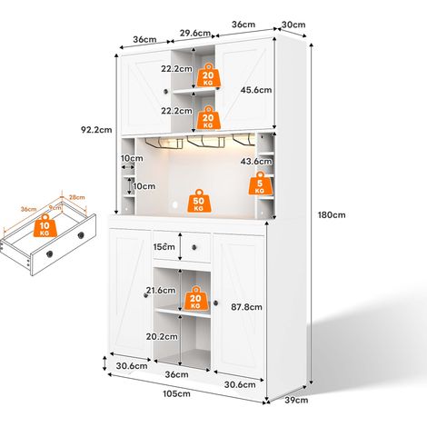 Buffet de rangement, avec tiroirs, étagères réglables, éclairage led, 105 x 40 x 180 cm, acier et verre, blanc (1/5)