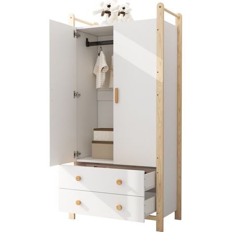 Armoire 2 Portes avec Penderie et 2 Tiroirs pour Chambre ou Entrée, en Bois et MDF, Naturel et Blanc, 89,6×44×180,5 cm (1/5)