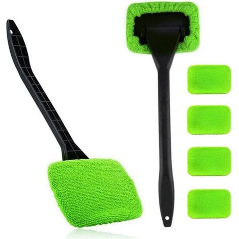 Spazzola per la pulizia con manico + 4 panni in microfibra di ricambio - Kit per la pulizia dei vetri dell'auto - Detergente per vetri interni ed esterni - Verde