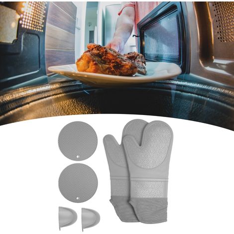Gants de cuisine en silicone épais pour griller, utiliser au micro-ondes et au four comprend 2 pinces pour les mains et 2 coussinets résistants à la chaleur (gris). (1/5)