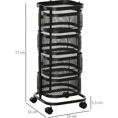 Chariot de service avec 4 étages Chariot de cuisine rotatif avec roulettes Chariot panier avec étagère supérieure 33x33x77 cm Noir