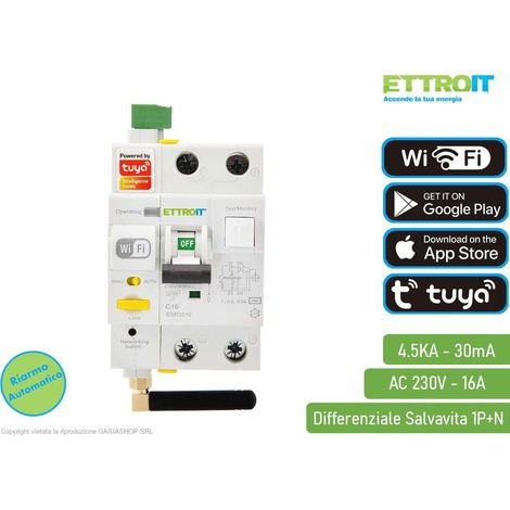 ETTROIT e-smart Magnetotermico Differenziale Wi-Fi Tuya RCBO 1P+N 16A 6Ka 30mA 230V/400V - ESR3516