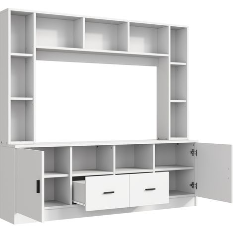 Meuble TV blanc 180 x 35 x 170 cm avec 2 armoires, 2 tiroirs et 11 compartiments de rangement (1/5)