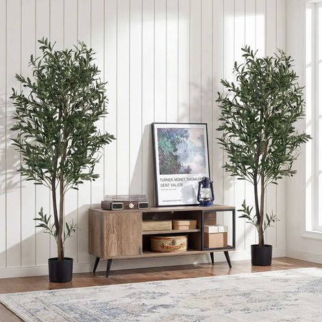 Lot de 2 oliviers artificiels verts 1,8 m en polyester avec fruits et mousse, pot cimenté pour salon, véranda et terrasse (1/5)
