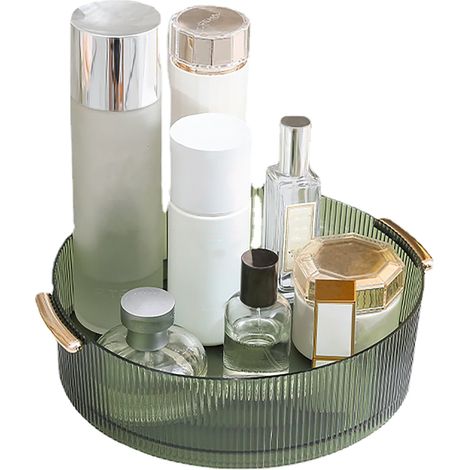 Organisateur de maquillage rotatif à 360° avec poignée, transparent vert, pour salle de bain ou toilettes.