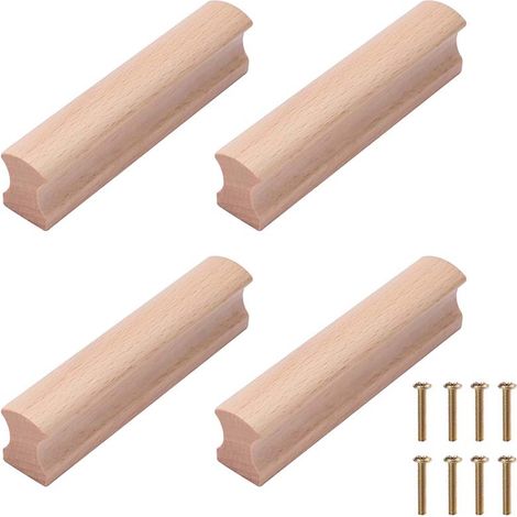 Poignée de Meuble en Bois 4Pcs Poignée de Tiroir Bouton de Porte Cuisine Poignées de Placard pour Cuisine Armoire Commode, Longueur Totale 100mm (Hêtre) (1/5)