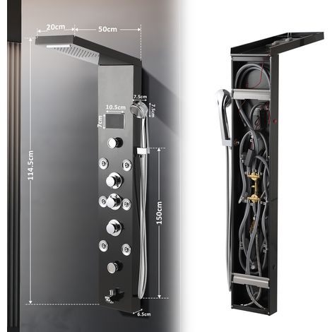 Randaco Columna de ducha de hidromasaje con LED negra, 6 chorros, acero inoxidable 304 (1/4)