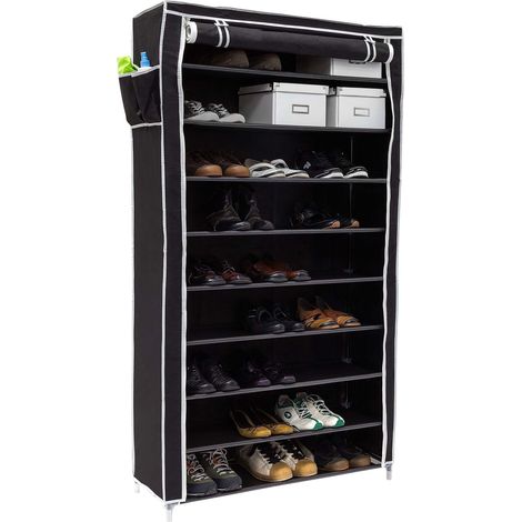 Relaxdays Schuhschrank VALENTIN hoch, HxBxT:161x88x30cm, Stoffbezug, 10 Ablagen, Reißverschluss, für 45 Paar, schwarz (1/5)