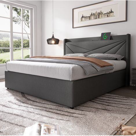 letto contenitore 140x200 con USB e testiera grigia OKMYHOME (1/5)
