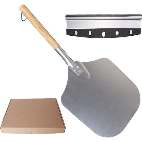 (35 Cm, Naturel/argent) Spatule  Pizza + Coupe-pizza, Aluminium, Manche En Bois, Spatule Professionnelle Pour Le Four