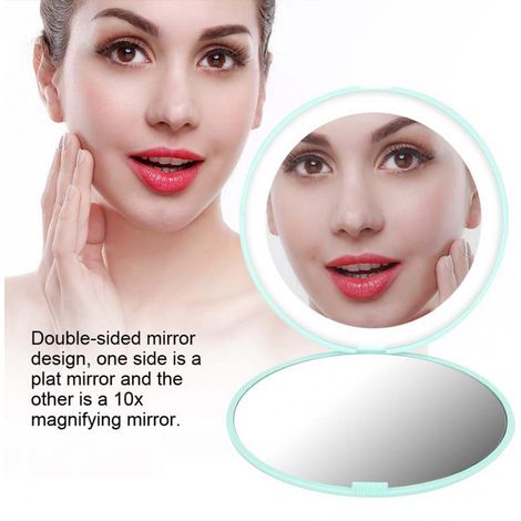 Miroir de maquillage LED portable 10x grossissement, miroir cosmétique lumineux pliable compact pour voyage, rétroéclairé, double face, format poche. (1/5)