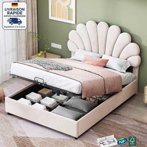 Lit coffre enfant 140x200cm, sans matelas, velours, tête de lit réglable en hauteur, hydraulique, lit double, beige (1/5)