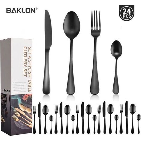 Couverts de Table - Inox - 24 Pièces - Poli Miroir - Usage Quotidien - Noir (1/5)