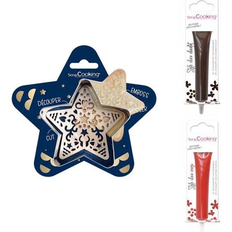 Kit pour biscuit en relief Étoile + 2 Stylos au chocolat marron et rouge (1/2)