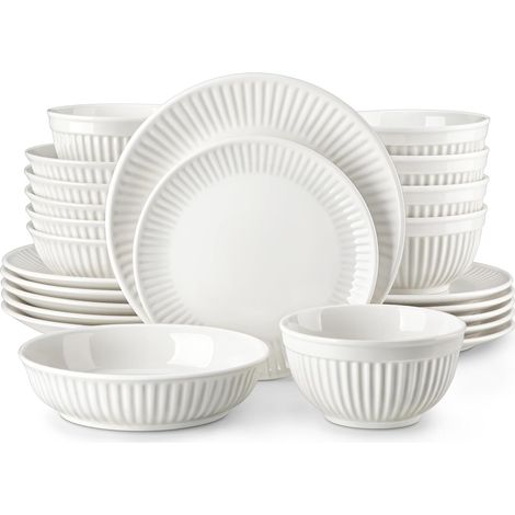 Service de Table 6 Personnes, 24 Pièces Services de Vaisselle en Porcelaine, Set de Vaisselle avec 6 Assiettes à Plates, Assiettes à Dessert, Bol à Soupe, Bols à Céréales, Blanc (1/5)