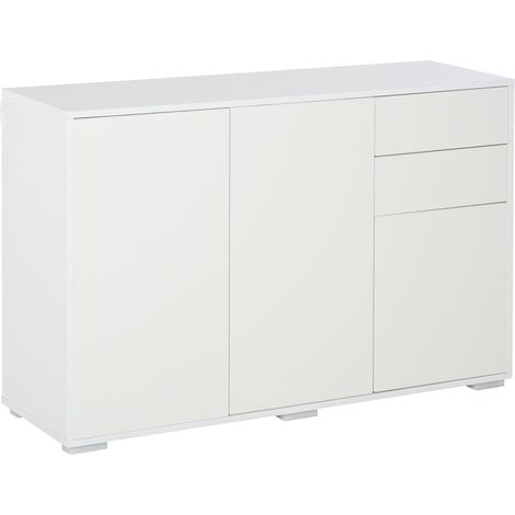 Meuble multifonctionnel en bois blanc avec 2 tiroirs et 2 portes à ouverture par pression, 117 x 36 x 74 cm (1/5)