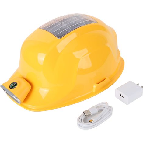 Gelber, solarbetriebener Schutzhelm mit zwei Lüftern, Bluetooth-Konnektivität, wiederaufladbarem 8000-mAh-Akku und einem 100-240-V-US-Stecker.