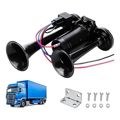 Klaxon Camion 24V, 120DB Klaxon de Voiture, Kit de Klaxon à Air Double Trompette avec Compresseur, pour les Véhicules 24V, Camions, Trains, Bateaux, Camionnettes (1/5)