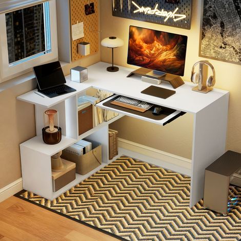 Bureau d'angle moderne avec plateau coulissant pour clavier et étagère à 4 niveaux. Blanc. (1/5)