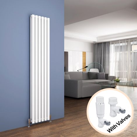 ELEGANT Vertical Radiator 1800 x 354mm Double Panel Designer White Oval Column Heating Rad with White Thermostatic Radiator Valves (1/5)