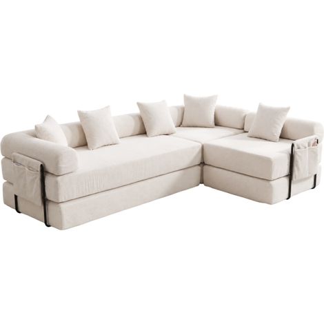 Canapé modulable beige avec rangement, confortable et facile à monter - housse en velours côtelé (1/5)