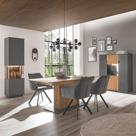 Esszimmer Set anthrazit 3-teilig LUCERA-52 Eiche massiv bianco geölt, Esstisch ausziehbar (1/5)