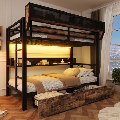Lit Superposé 90x200 cm avec LED par Appli, 2 Tiroirs, Panier Latéral, Étagère, Échelle et Garde-Corps Surélevés, Métal - Noir (Sans Matelas) (1/5)