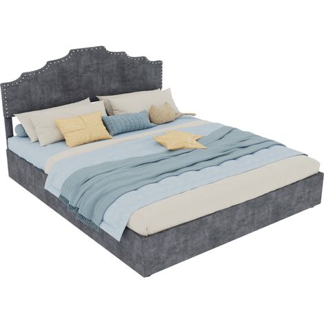 Lit moderne minimaliste moelleux 160x200 cm gris avec tête de lit confortable, sommier haut à gaz & rangement, matelas inclus