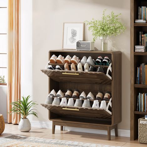 Meuble à chaussures 80 cm avec 2 abattants, rangement ouvert, MDF et pieds en bois, coloris noyer (1/5)