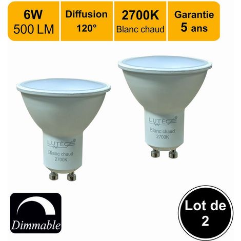 Lot de 2 ampoules LED Dimmable GU10 6W 500Lm 2700K - garantie 5 ans - Lot de 2 ampoules LED Dimmable GU10 6W 500Lm 2700K - garantie 5 ans (1/4)