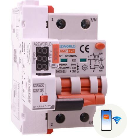RCBO Interruttore Magnetotermico Differenziale WIFI Con Riarmo Automatico, Tipo A - SI Curva C 2P Veri 3M 6000A 300mA, AC 230V IP20 PL8M2, Disponibili 6A 10A 16A 20A 25A 32A 40A (C20A) (1/3)