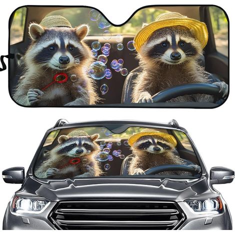 Pare Soleil pour Pare Brise de Voiture, 3D Animal Universel Pliable Bache Voiture Pare Soleils, Bloquer Rayons UV Visière pour Berlines, SUV, Camions (Raton Laveur) (1/5)