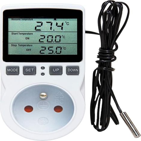 Prise Thermostat - Régulateur Température Numérique avec Sonde 1,8 m - Plage 20 à 60 ℃ ±1 % - Minuterie Programmable Jusqu’à 99 h 59 min - Pour Serre Aquarium Radiateur - 1 Pièce (1/5)