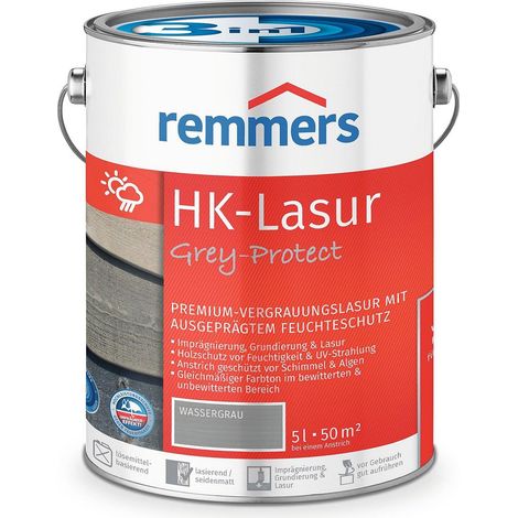 Remmers HK-Lasur 3in1 Grey-Protect wassergrau, 5 Liter, Holzlasur für Vergrauung außen, 3 Holzschutz Produkte in einem, Feuchtigkeit- und UV-Schutz