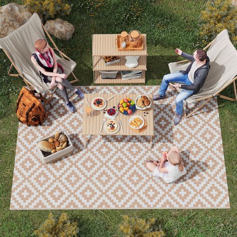 Outsunny Tapis extérieur Style Graphique - Tapis réversible 2 Motifs - dim. 2.74L x 1.82l m - PP Haute densité 310 g/m² Blanc Beige