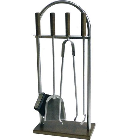Porta attrezzi camino acciaio inox manico e base legno 4 accessori h. 62  l. 32 x 16 cm.  Made in Italy