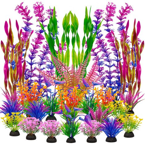 25 décorations de plantes plastiques artificielles pour réservoir de poissons, grand décor d'aquarium coloré de hauteurs mixtes, plantes aquatiques artificielles sans danger pour les poissons betta et (1/5)