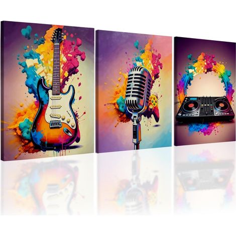 Lot de 3 Tableaux Muraux Encadrés Graffiti Musique 40 x 30 cm Guitare Électrique Microphone DJ Décoration Murale Art sur Toile HD pour Salon Chambre d'Adolescent Studio (1/5)