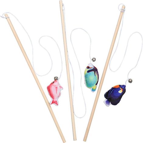 Set mit 3 bissfesten Fischstäbchen aus Holz mit Plüsch für Katzen, interaktives Spielzeug für Katzen und Kätzchen, natürliche Stimulation und Spielspaß, Farbe zufällig (1/5)