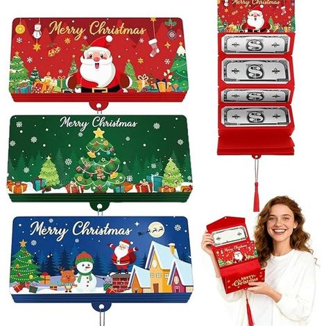 Tarjetas de Navidad, 3 piezas, 17 x 7,8 cm, Clip para billetes sorpresa DIY con 10 compartimentos, Navidad, Se puede usar como fiesta Navidad (1/5)