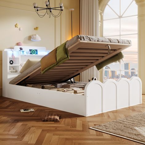 Lit enfant 90x200 cm en bois blanc avec rangement, pour chambre, sans matelas – MEUBLIV (1/5)