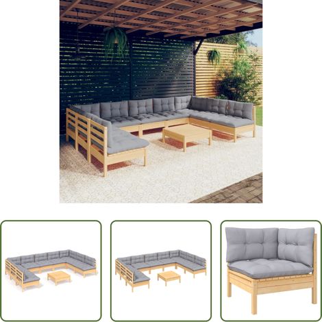 Terrassensofa - 10-tlg. Garten-Lounge-Set mit Grauen Kissen Kiefer Massivholz (1/5)