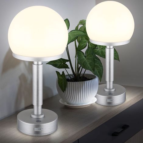 Tischleuchte Pilz silber Tischlampe Touchdimmer Akku Beistellleuchte Pilzleuchte, USB-C, LED 1W 60Lm warmweiß, DxH 14x29,5 cm, 2er Set